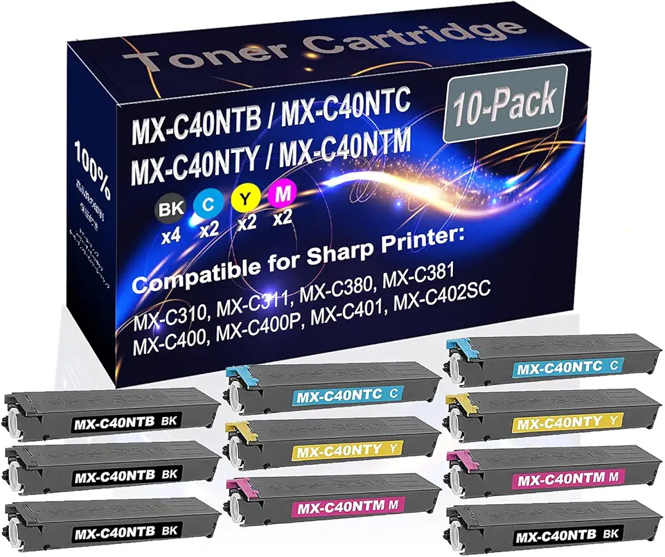 10-Pack (4BK+2C+2Y+2M) Compatible High Yield MX-C40NTB MX-C40NTC MX-C40NTY MX-C40NTM Printer Toner Cartridge use for Sharp MX-C310 MX-C311 MX-C380 Printers