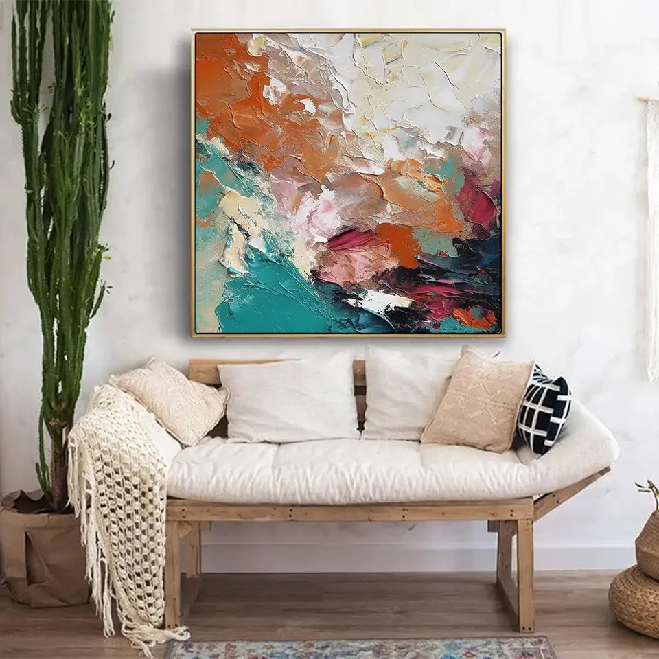 Large Orange White Blue Abstract Oil Painting,3D Textured Wall Art, Minimalist Wall Decor,Modern House Decor,Sofa Wall Art,Unstretched,Frameless,(183X183cm) 72X72Inches