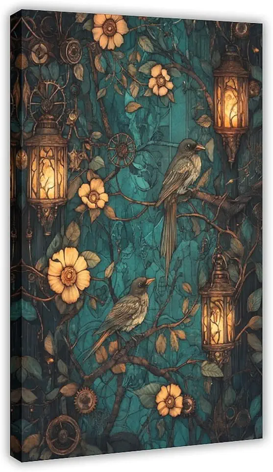 Elegant Mechanical Nature Wall Decor – Whimsical Garden Scene with Vines And Lanterns, Unique Art Poster for Eclectic Spaces Canvas Poster Wall Art Decor Print Picture Paintings for Living Room Bedroo