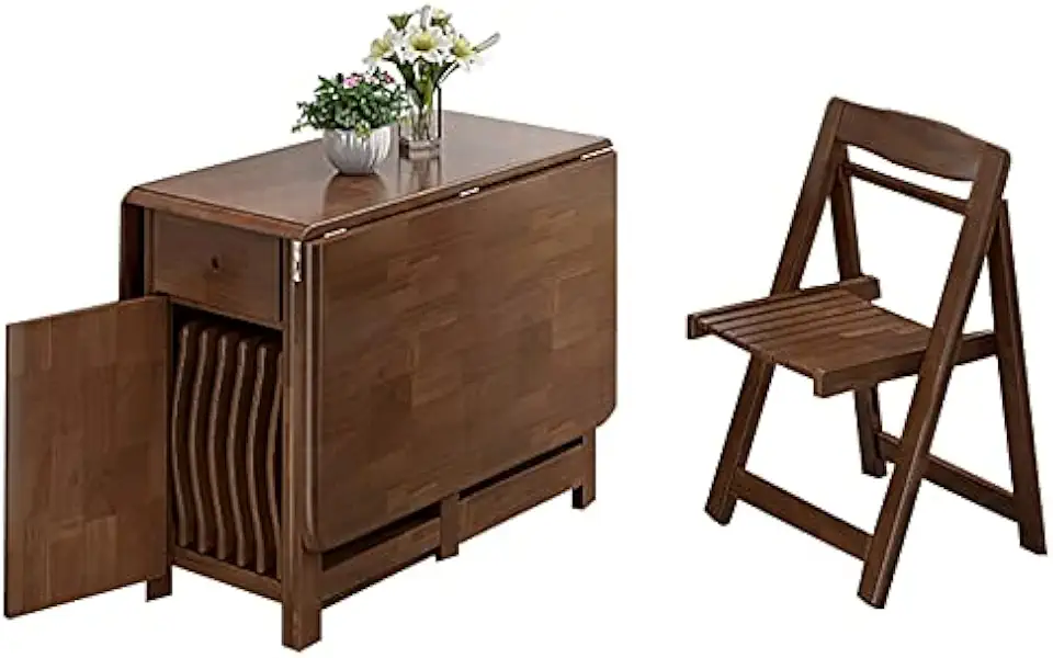 Folding Dining Table Set with Drop Leaf Wheels & Drawer - Space Saving Solid Wood Farmhouse Kitchen Island Chairs