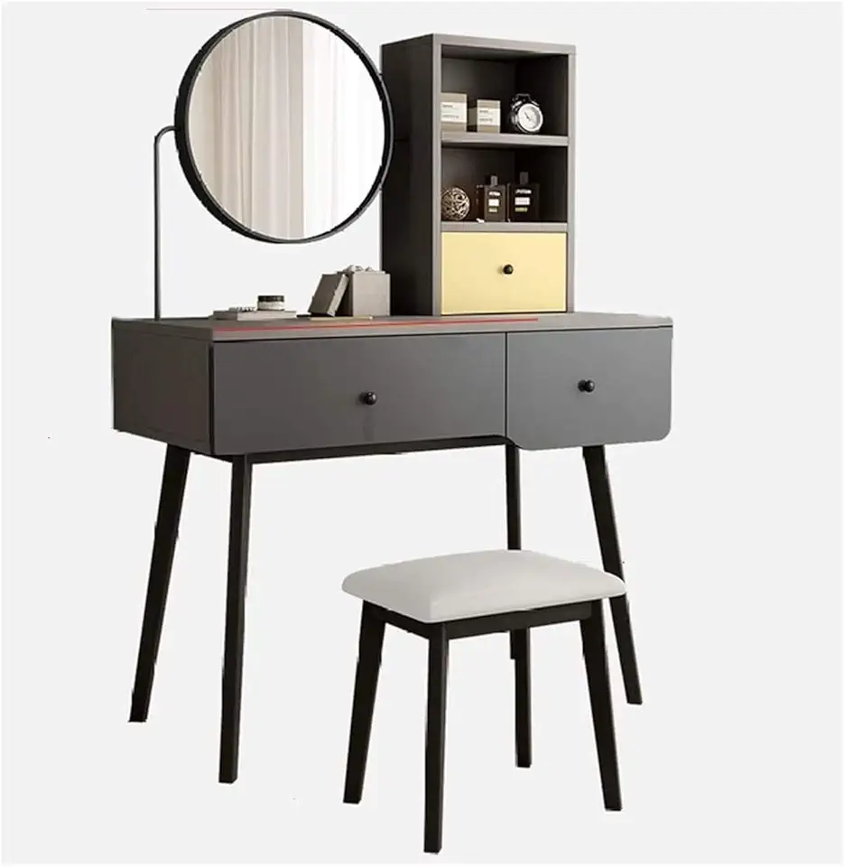 high-end Dressing Table Home Vintage Style Dressing Table Padded Stool Oval Mirror Drawers 3pc Set 35.4x16.5x29.9inch