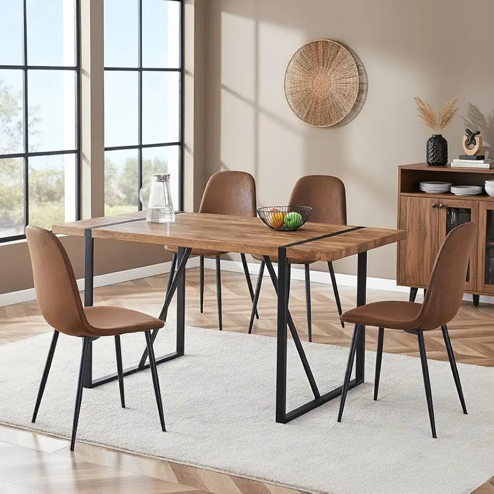 Dining Table Set for 4, Modern 55'' Dark Wood Dining Table and Fabric Dining Chairs Set of 4,Table and Chairs Set of 4,Ideal for Kitchen Dining Room