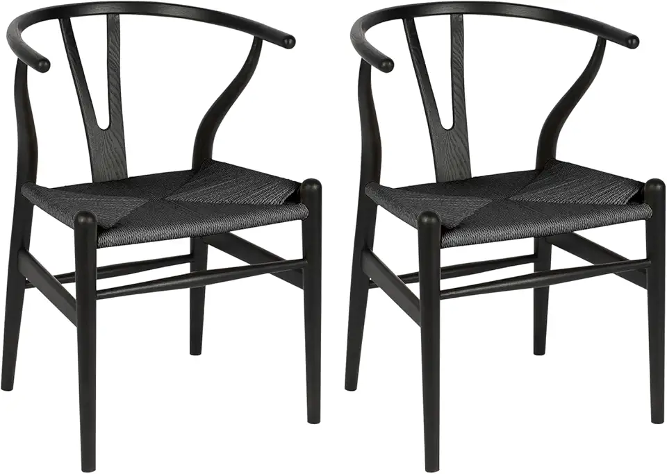 Wishbone Chair Natural Solid Wood Dining Chair/Hans Vegner Y Chair Rattan and Wood Accent Armrest Chairs Set of 2 (Ash Wood - Black)