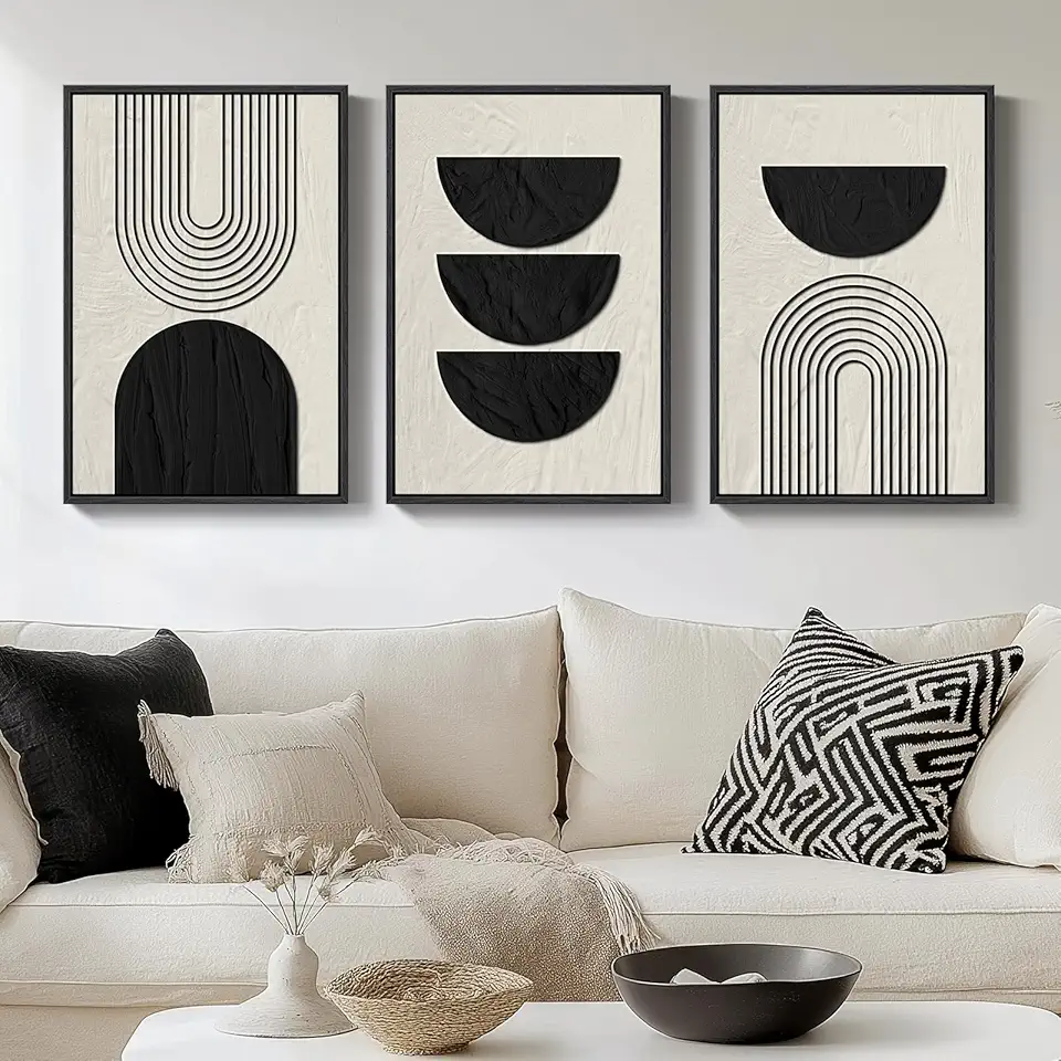 Framed Boho Black and White Abstract Wall Art, 3 Piece Modern Beige Canvas Prints Paintings Artwork for Walls, Black Geometric Pictures for Living Room Bedroom Hallway Office Wall Decor 16x24 In
