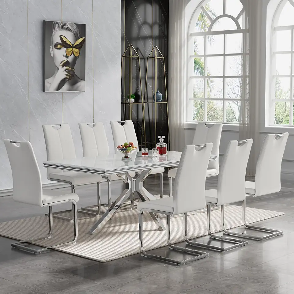 Marble Dining Table Set for 8, Faux Marble Dining Room Table with 8 Upholstered White Leather Chairs, Modern Kitchen Table Chairs Set of 8, 9 Piece Dining Table Set for Kitchen Dining Room