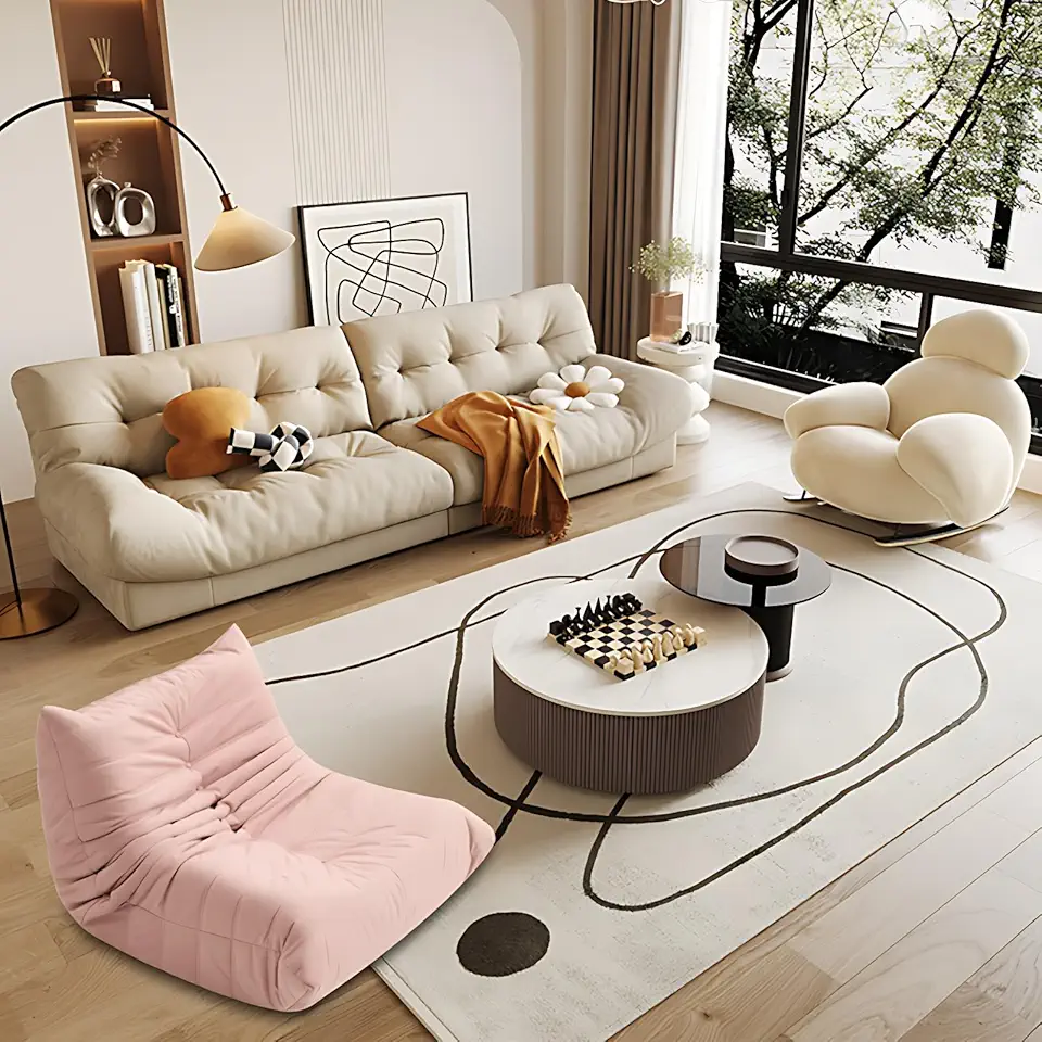 Sofa Set for Living Room - Luxurious Cream Couch, Solid Wood Frame Sofas for Living Room, Modular Sectional Sofa with Coffee Table, Suitable for Office, Cafe, Bar (Sofa+Table+ChairAD, 102.4