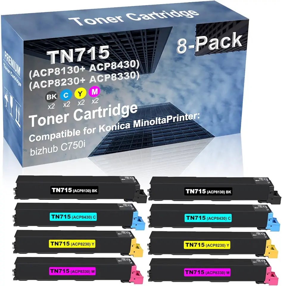 8-Pack (2BK+2C+2Y+2M) Compatible bizhub C750i Printer Toner Cartridge High Capacity Replacement for Konica Minolta TN715 (ACP8130+ ACP8430+ ACP8230+ ACP8330) Toner Cartridge
