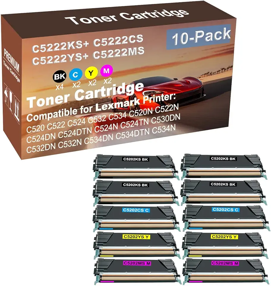 10-Pack (4BK+2C+2Y+2M) Compatible High Capacity C5202KS+ C5202CS+ C5202YS+ C5202MS Toner Cartridge Used for C520, C522, C524, C532, C534, C520N Printer