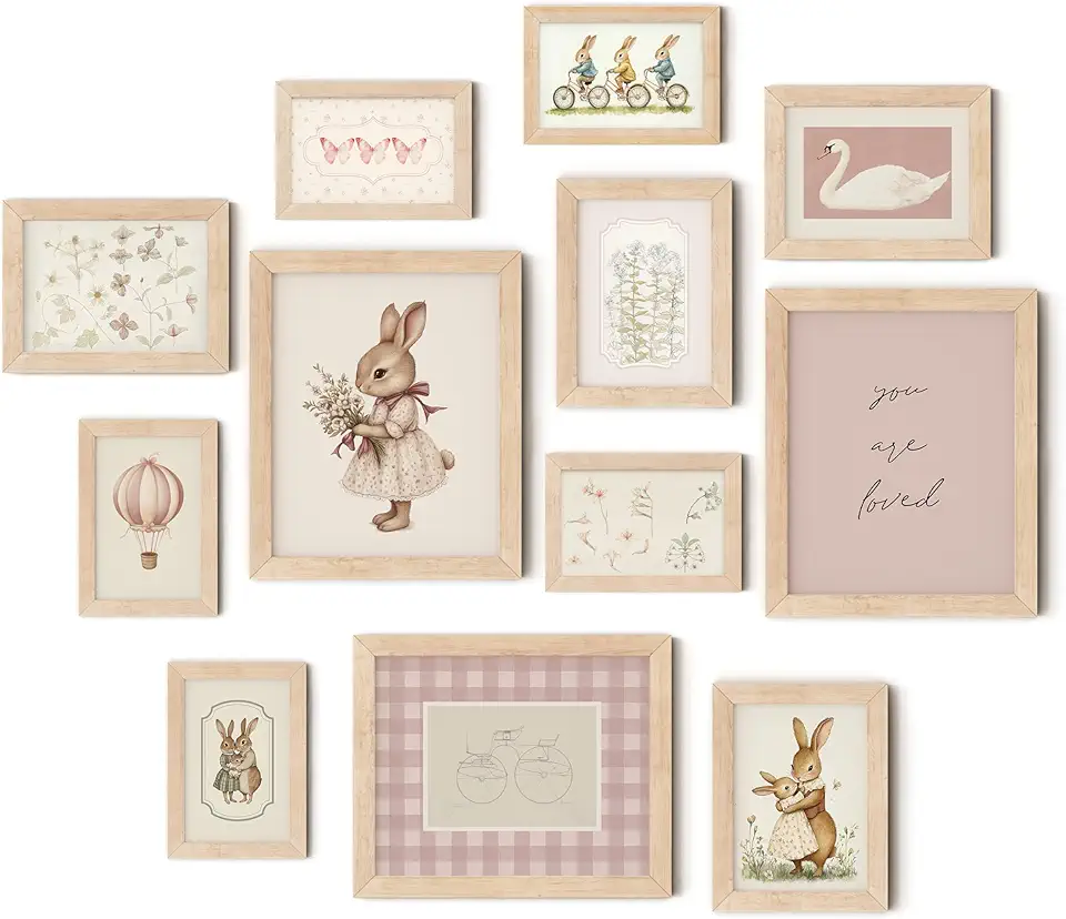 TwoDays Vintage Nursery Decor for Baby Girls, Pink Rabbit Bunny Wall Art for Toddler Kids Playroom, Swan Animals Posters for Bedroom (Multi Sizes, Set of 12, 8 × 10 Largest, Wooden Framed)