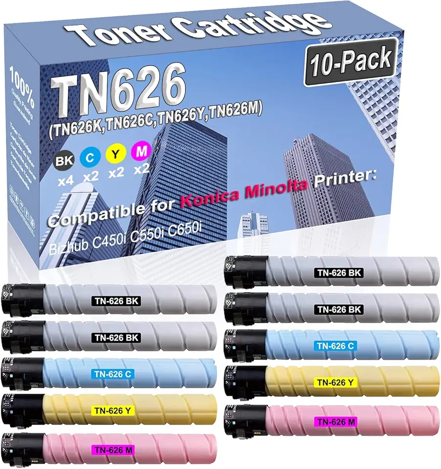 10-Pack (4BK/2C/2Y/2M) Compatible High Capacity TN626 TN-626 (TN626K TN626C TN626Y TN626M) Color Toner Cartridge use for Konica Minolta Bizhub C450i C550i C650i Printer