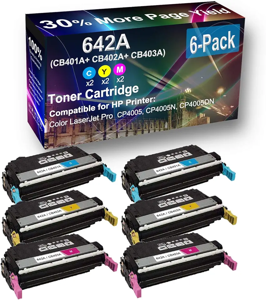 6-Pack (2C+2Y+2M) Compatible High Yield 642A (CB401A+ CB402A+ CB403A) Laser Printer Toner Cartridge use for HP CP4005DN Printer