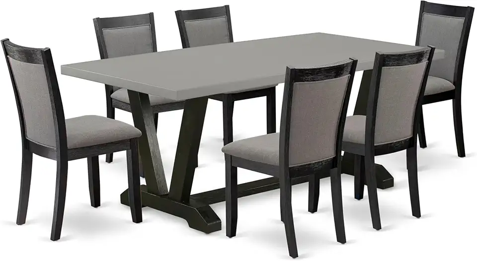 East West Furniture V697MZ650-7 7 Piece Dinette Set Consist of a Rectangle Dining Room Table with V-Legs and 6 Dark Gotham Grey Linen Fabric Upholstered Chairs, 40x72 Inch, Multi-Color