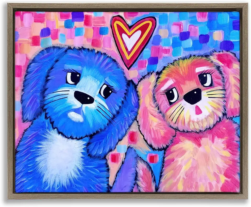 Stupell Industries Vivid Pink & Blue Puppy Love Brown Framed Floater Canvas Wall Art Design by Nettie Price, 21 x 17