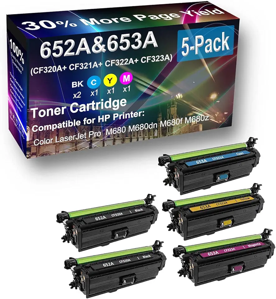 5-Pack (2BK+C+Y+M) Compatible M680f Printer Toner Cartridge High Capacity Replacement for HP (CF320A+ CF321A+ CF322A+ CF323A) 652A 653A Toner Cartridge