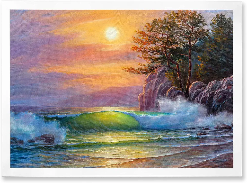 Morning Sun On Sea Waves By The Pine Trees Nautical & Coastal Framed Wall Art