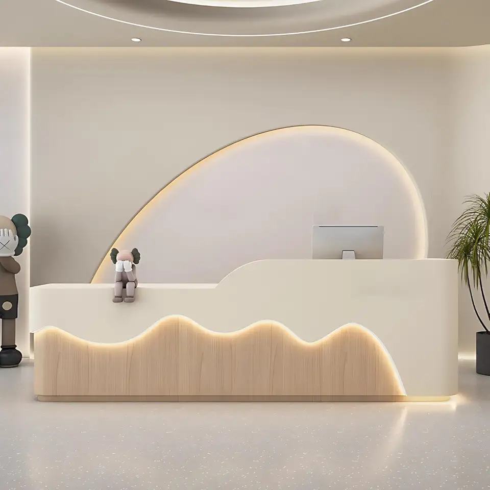 Reception Desk – Front Desk Reception Counter with Lights, Retail & Checkout Counter for Office, Salon, Store, Customizable Design, Fully Assembled (128IN,D)