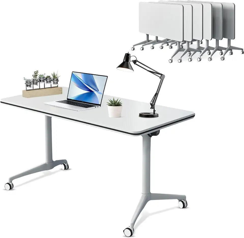 Foldable Desk, Mobile Conference Room Table Folding Tables Flip Top Training with Caster Wheels Fold Meeting for Class Study Writing Printer Podcast