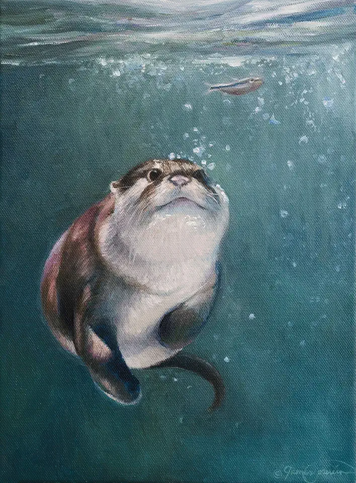 James Corwin Going for Seconds - Limited Edition River Otter and Minnow Rustic Wildlife Art - Giclee Print North American Wetlands Nature Home Decor (12x16 Embellished)