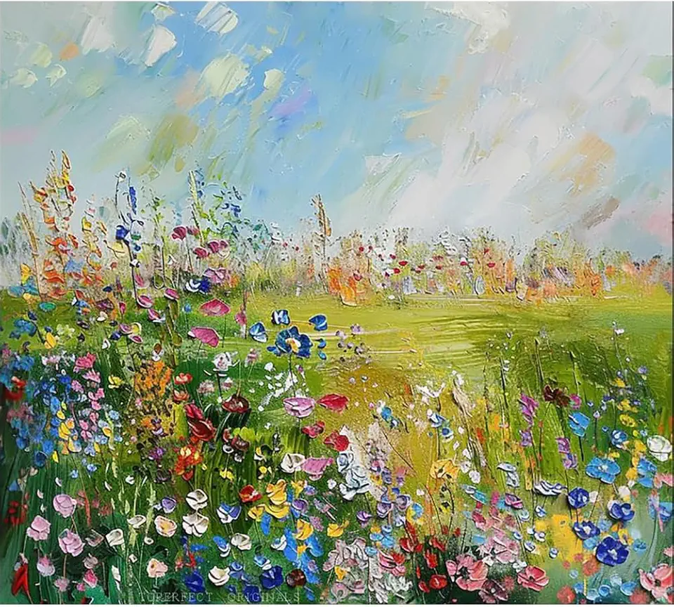 24 Romantic Large Garden Paintings Flowers Art - Modern Floral Paintings, Lush Flower Fields Wall Art, Elegant Floral Scene Wall Decor, Handmade Landscape Acrylic Painting by College Teachers