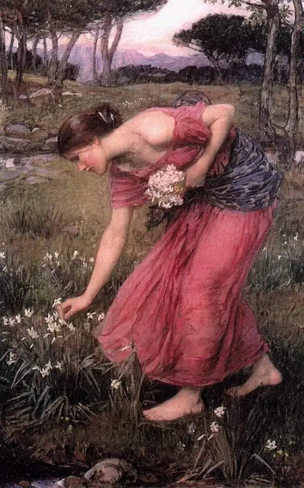 Toperfect 9 Paintings Narcissus girl picking flowers garden John William Waterhouse Oil Art on Canvas - Famous Artworks 02, $50-$2000 Hand Painted by Art Academies' Teachers