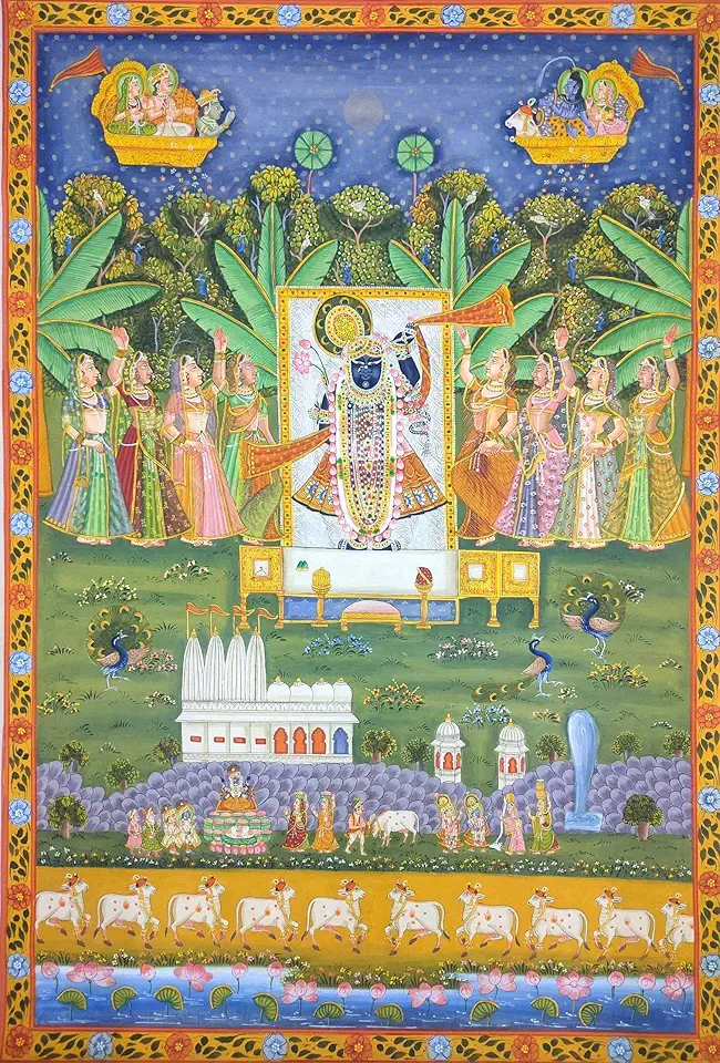 PH Artistic Pichwai Painting Lord Shreenathji Cotton Cloth Gold Leaf Paint Unframed Handmade