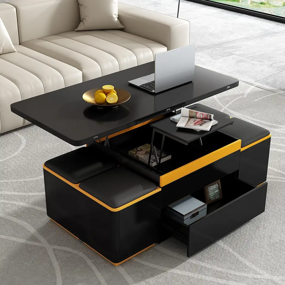 Lift Top Coffee Table with 4 Storage Stools, 3 in 1 Multi-Function Center Table with Foldable Top, Modern Black Lift Coffee Table Convert to Extendable Dining Table for Living Room