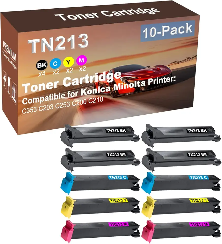 10-Pack (4BK+2C+2Y+2M) Compatible High Capacity TN213 (TN213K+ TN213C+ TN213Y+ TN213M) Toner Cartridge Used for Konica Minolta BizHub C353, C203, C253, C200, C210 Printer