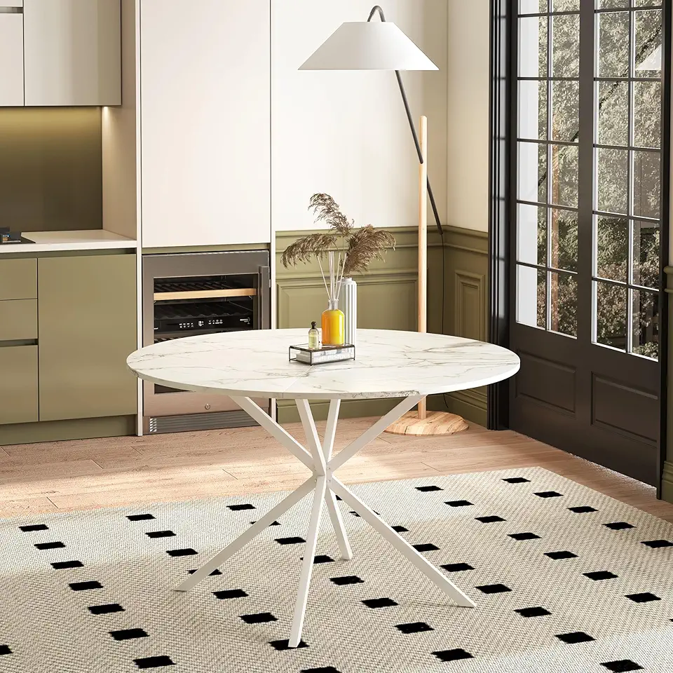 47.24'' Modern Cross Leg Round Dining Table, White Marble Top Occasional Table, Two Piece Removable Top, Matte Finish Iron Legs (White Marble, 47.24