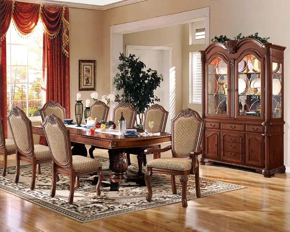 9-ps Formal Dining Table Set Kitchen Furniture Set Include 1 Extendable Dining Table, 6 Side Chairs and 2 Arm Chairs, Set for 8 Persons (Cherry Fabric)