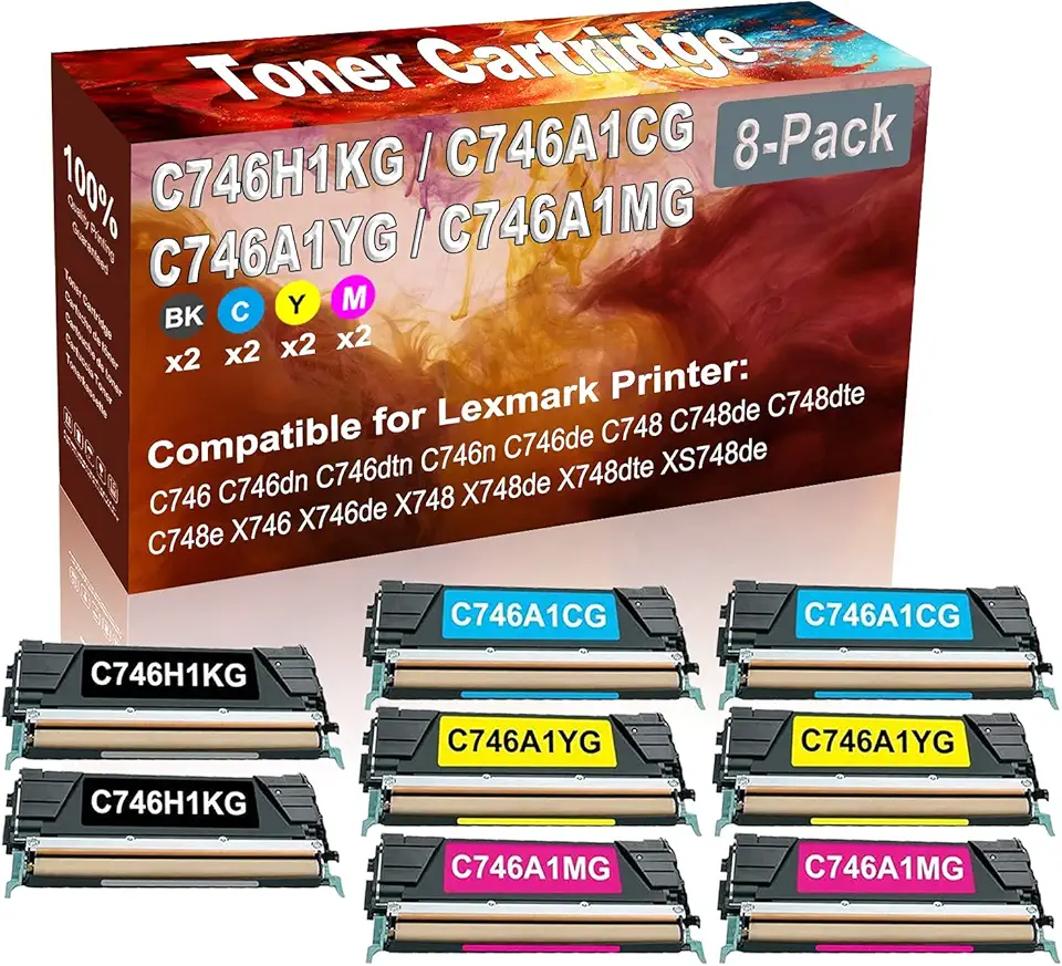 8-Pack (2BK+2C+2Y+2M) Compatible High Yield C746H1KG C746A1CG C746A1YG C746A1MG Printer Toner Cartridge use for C746 C746dn C746dtn C746n Printers