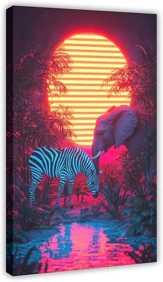 ZMLIS Neon Safari Wall Art – Abstract Animal Print, Zebra & Elephant Cyberpunk Decor Art Wall Decoration Poster Family Bar Restaurant Garage Cafe Art Sign Gift 20x30inch(50x75cm)
