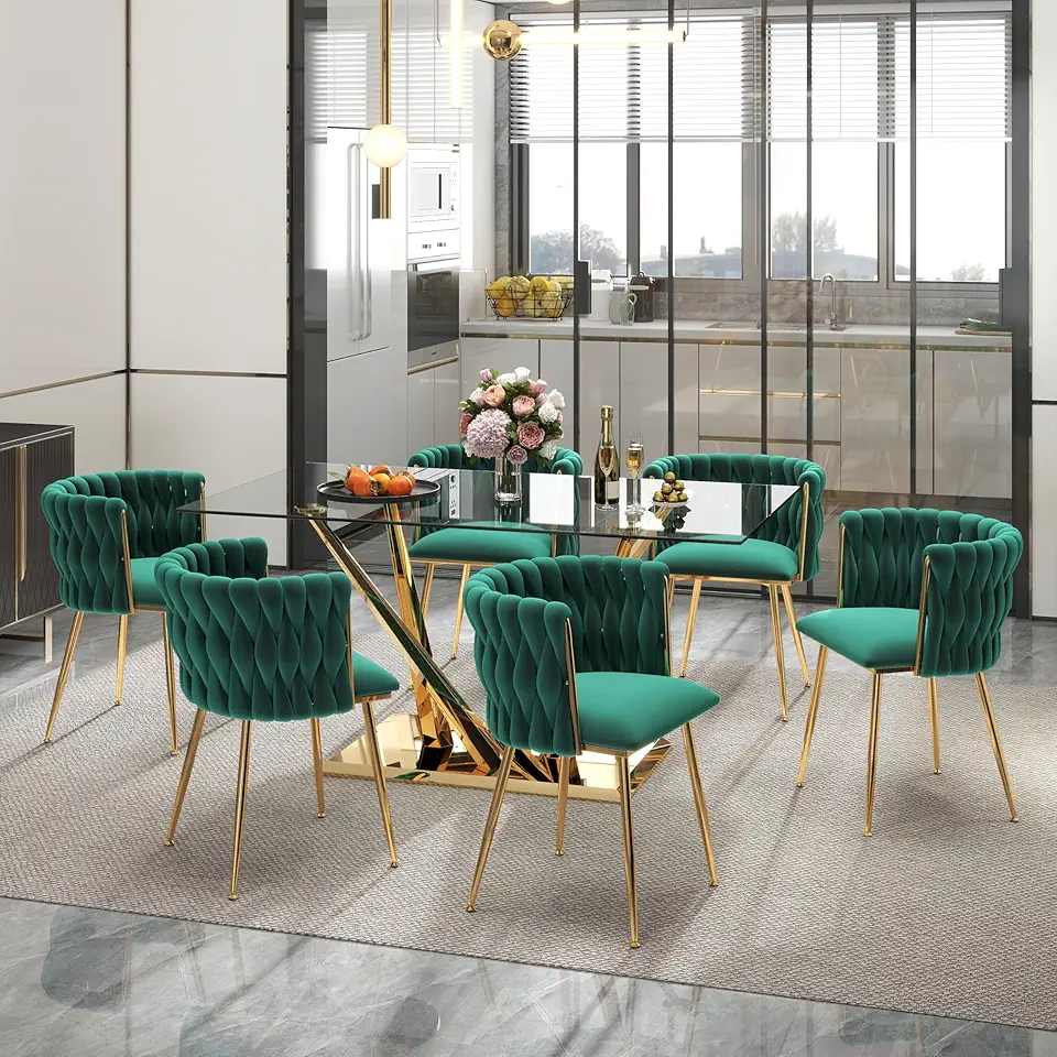 Modern Glass Dining Table Set for 6, 63'' Rectangular Tempered Tabletop with Aesthetic V Shape Gold Metal Base & 6 Green Gold Woven Dining Chairs, 7 Piece Luxury Dining Table Set