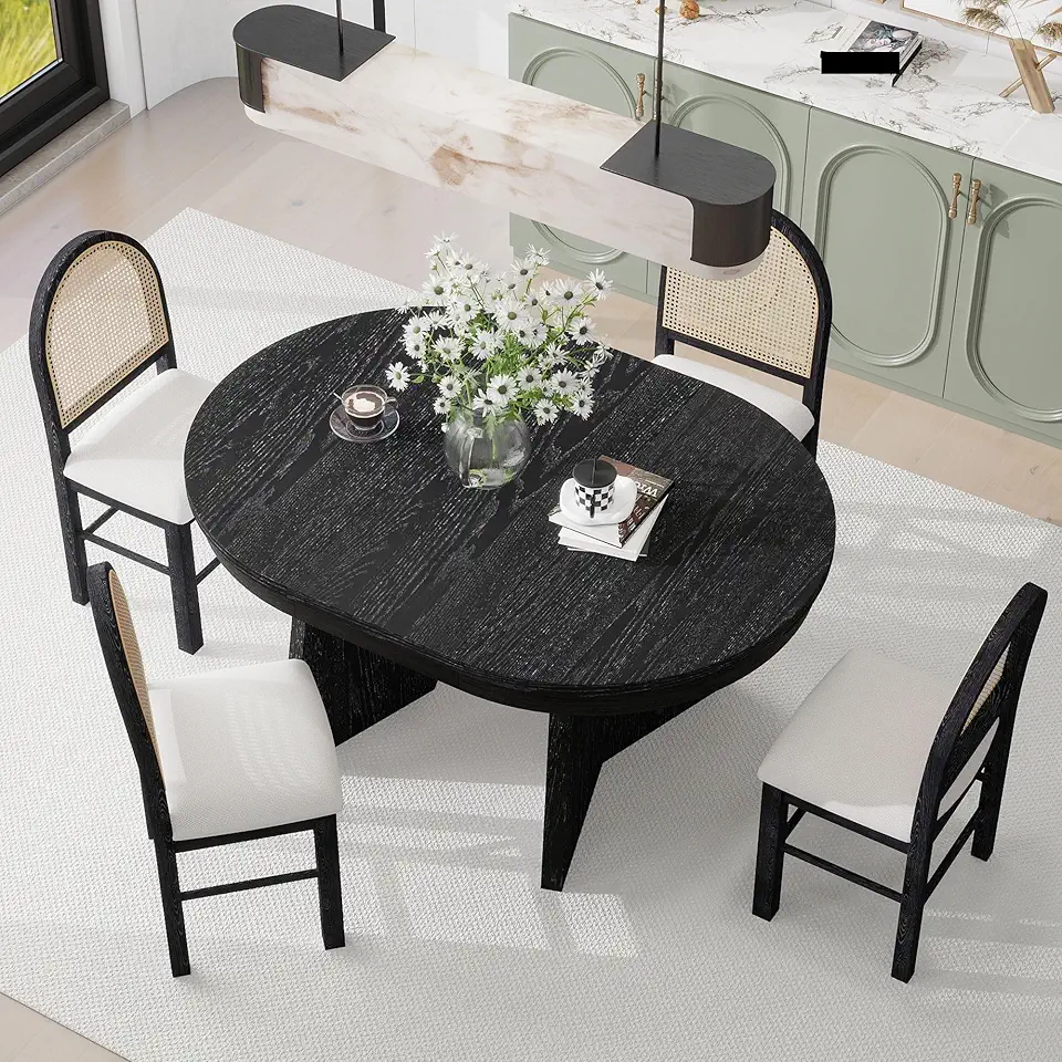 5-Piece Round Retro Extendable Dining Table Set with 4 Upholstered Chairs, Kitchen Table and Chairs Set for Dining Room