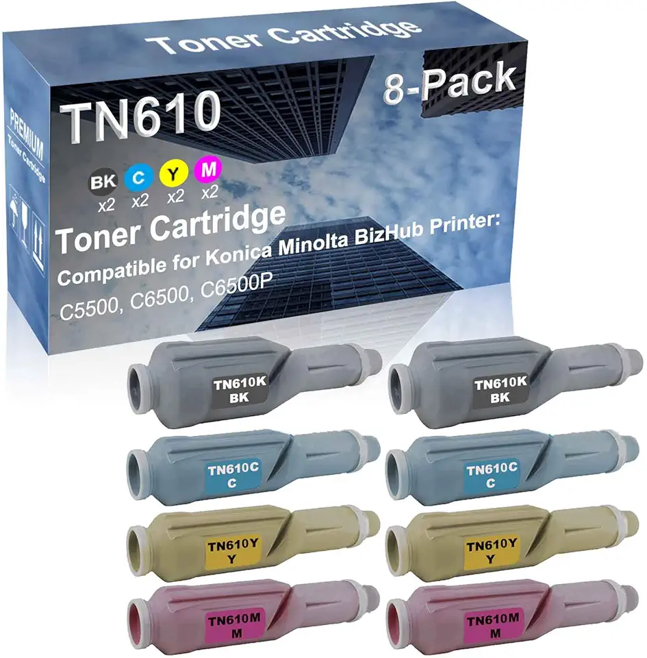 8-Pack (2BK+2C+2Y+2M) Compatible High Capacity TN610 (TN610K+ TN610C+ TN610Y+ TN610M) Toner Cartridge Used for Konica Minolta BizHub C5500, C6500, C6500P Printer
