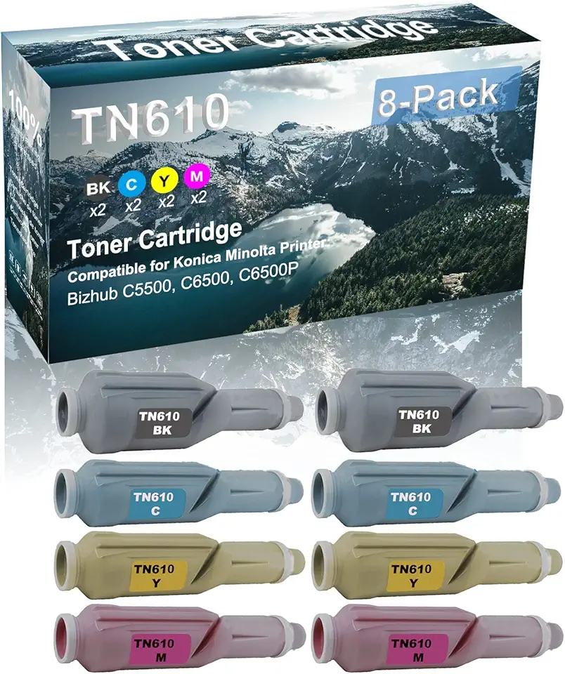 8 Pack (BK+C+Y+M) Compatible BizHub C5500 C6500 C6500P Toner Cartridge Replacement for Konica Minolta TN610 | TN610K TN610C TN610Y TN610M Printer Toner Cartridge (High Capacity)