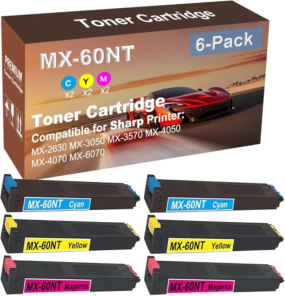 6-Pack (2C+2Y+2M) Compatible High Yield MX-60NT (MX-60NTCA+ MX-60NTMA+ MX-60NTYA) Laser Printer Toner Cartridge Used for Sharp MX-4070, MX-6070 Printer