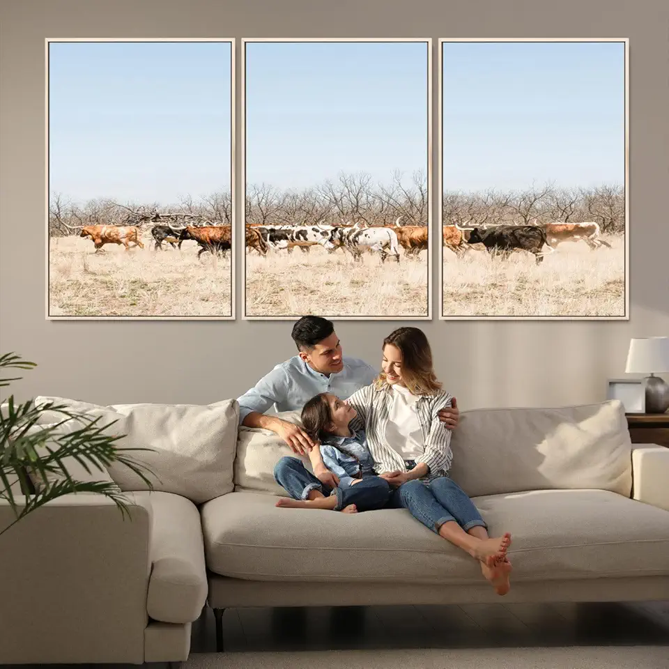 Texas Longhorns Wall Art Canvas Print, Western Cattles Print Wall Art, Framed Rustic Herd Art Print 3 Panel Floating Frame/Natural / 90