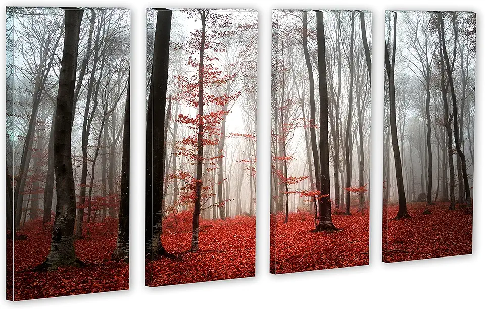 80 x 50 TOTAL - Red Forest Mist Canvas Print - 4 Panel Split, Wall Art for interior design, room wall decor