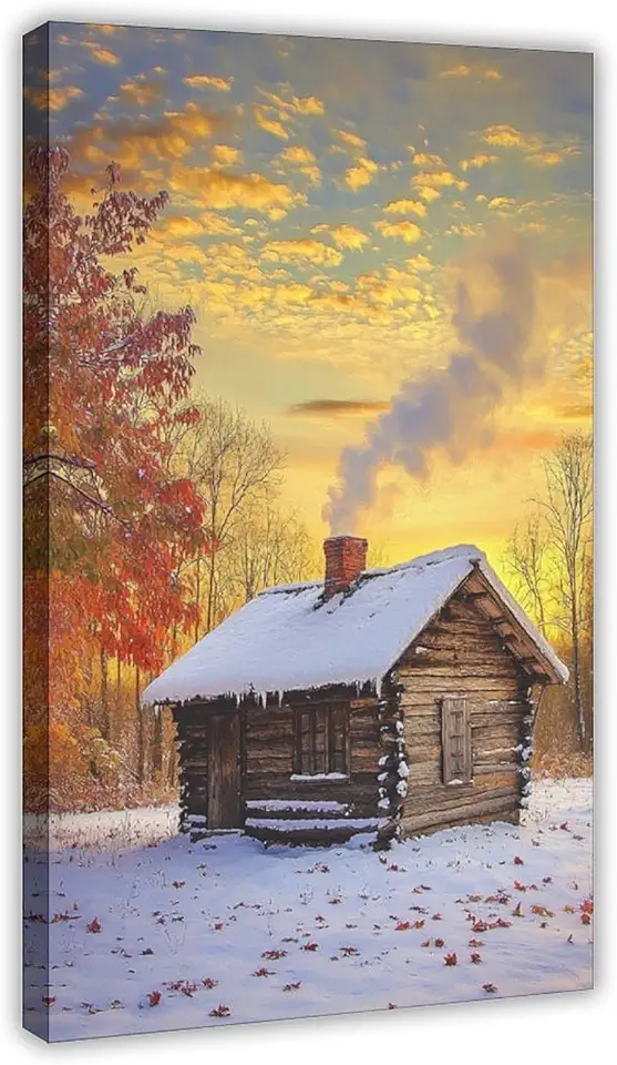 Warm Autumn Winter Cottage Wall Art – Rustic Cabin in Snow, Golden Sunset, Maple Forest, Seasonal Canvas Decor Canvas Poster Wall Art Decor Print Picture Paintings for Living Room Bedroom Decoration 2