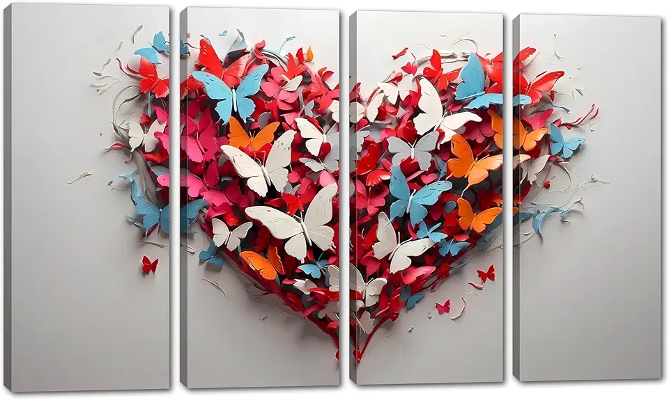 80 x 50 TOTAL - Heart of Butterflies Wall Art Canvas Banksy inspired Love Print Pop Art, office art - 4 Panel Split