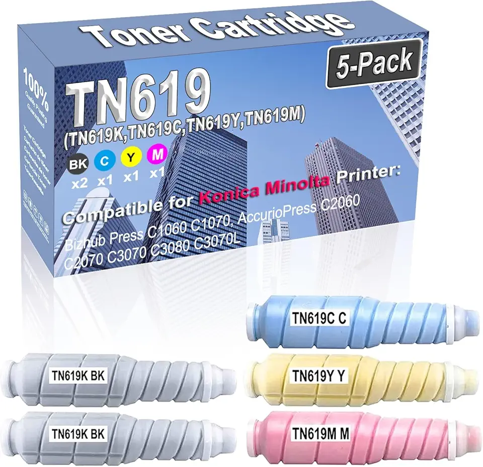 5-Pack (2BK/C/Y/M) Compatible High Yield TN619 TN-619 (TN619K TN619C TN619Y TN619M) Imaging Toner Cartridge Replacement for Konica Minolta Bizhub Press C1060 C1070 Printer