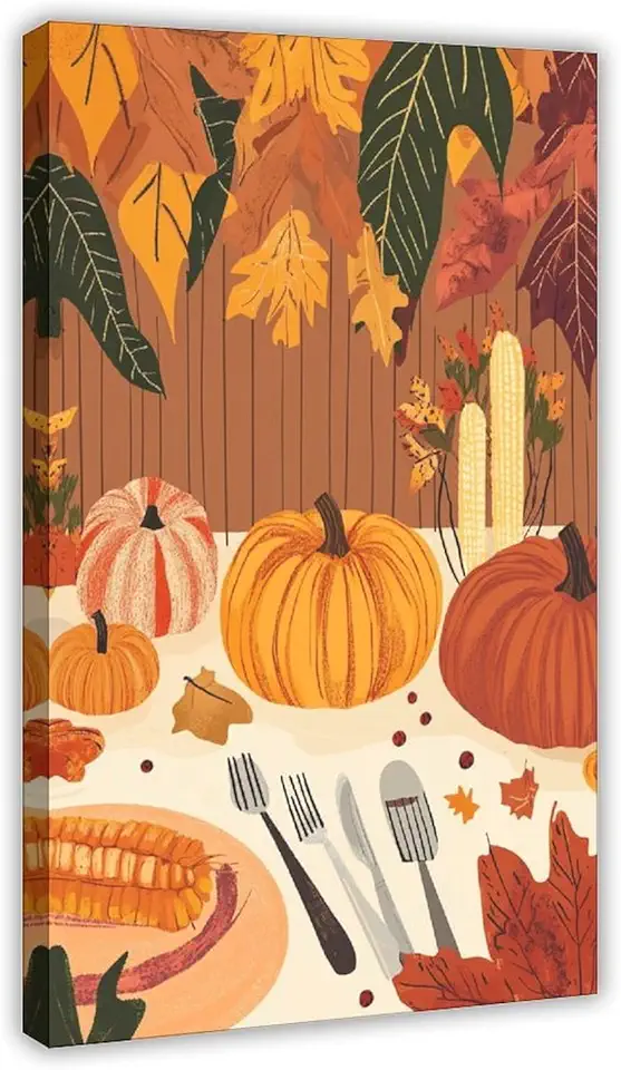 Cozy Fall Thanksgiving Artwork, Flat Style Harvest Table Design, Vibrant Pumpkin And Corn Wall Print Art Wall Decoration Poster Family Bar Restaurant Garage Cafe Art Sign Gift 20x30inch(50x75cm)