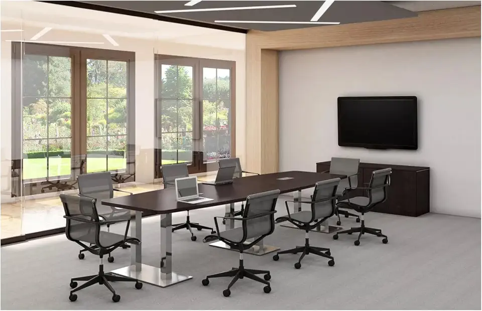 Thaweesuk Shop 10 ft Modern Mahogany Finishes Executive Boat Shaped Wood Conference Table Dual Post Metal Legs Grommets Racetrack Boardroom Room Meeting Business Furniture 118