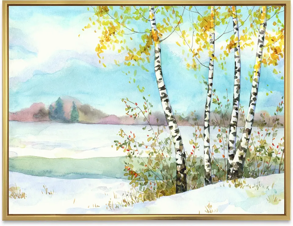 Birches In Snowy Field - Lake House Framed Canvas Wall Art Print