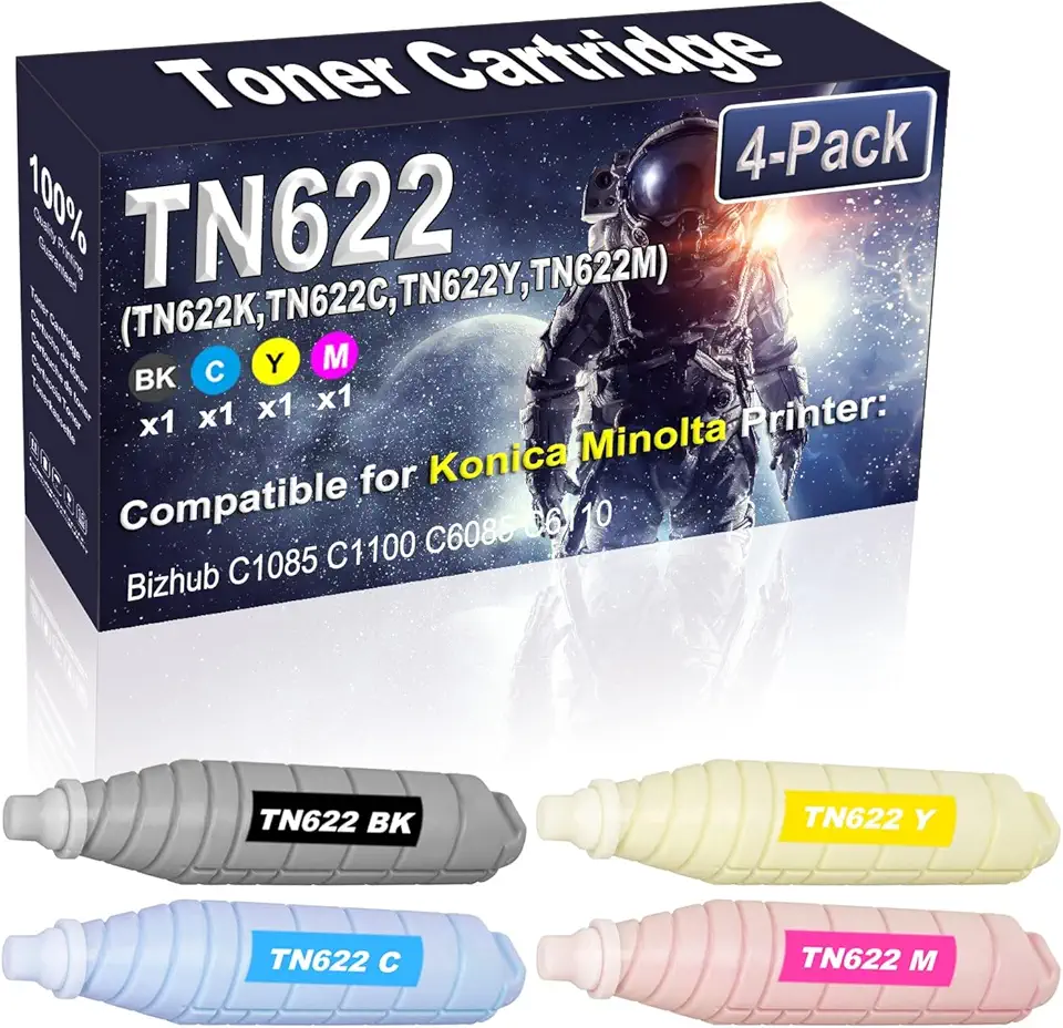 4-Pack (BK/C/Y/M) Compatible TN-622 TN622 (TN622K TN622C TN622Y TN622M) Laser Toner Cartridge Replacement for Konica Minolta Bizhub C1085 C1100 C6085 C6110 Printer
