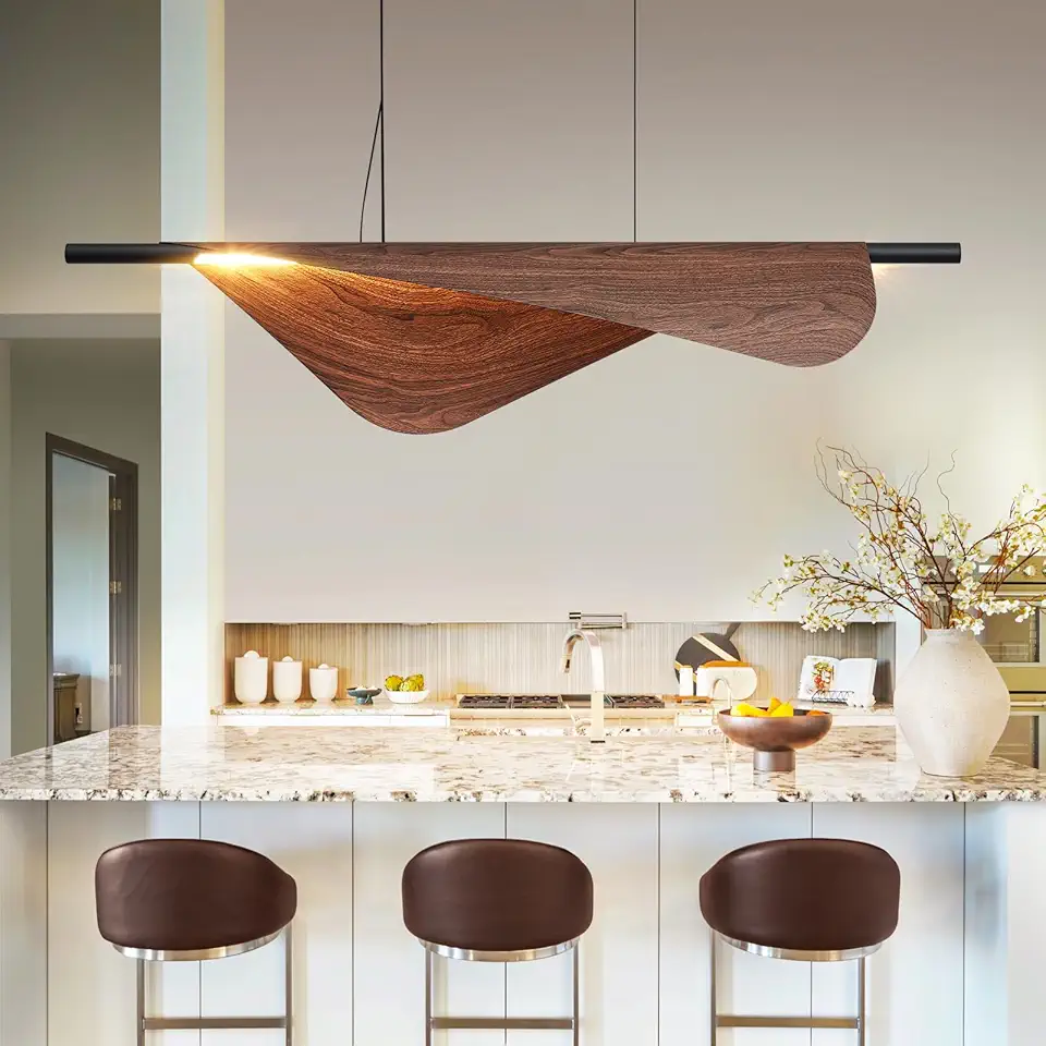 Modern Walnut Chandelier LED Dimmable Linear Pendant Lights for Dining Room Kitchen Island Living Room Over Table