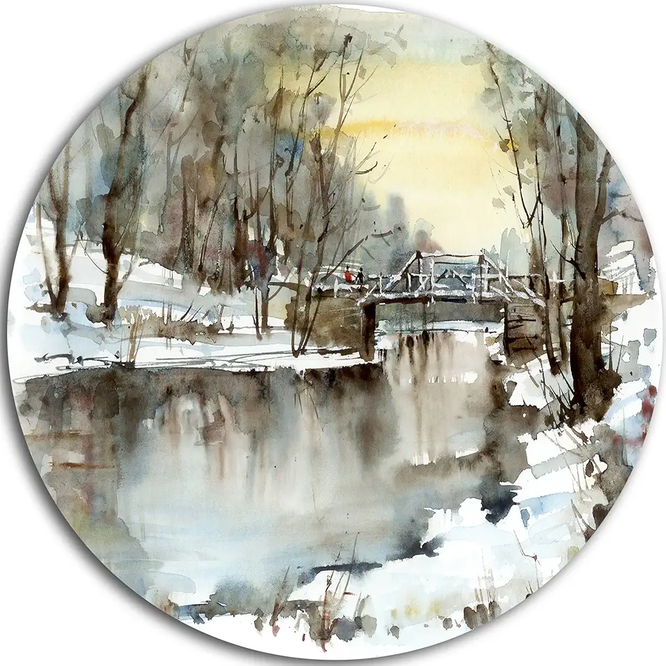 Designart Bridge Over River Landscape Round Wall Art-Disc of 23 inch, 23'' H x 23'' W x 1'' D 1P, Black/White
