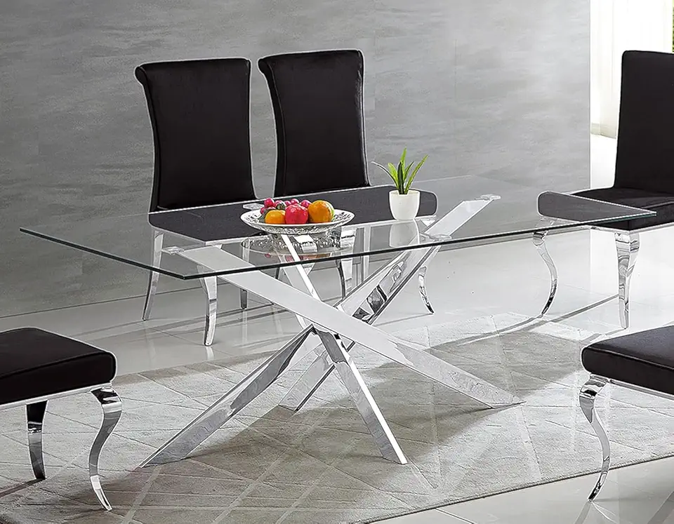 51 inch Dining Table for 4, Modern Dining Table with Silver Mirrored Stainless Steel Base, Contemporary Rectangle Tempered Glass Dining Table, Kitchen Dining Room Tables Dinner Table