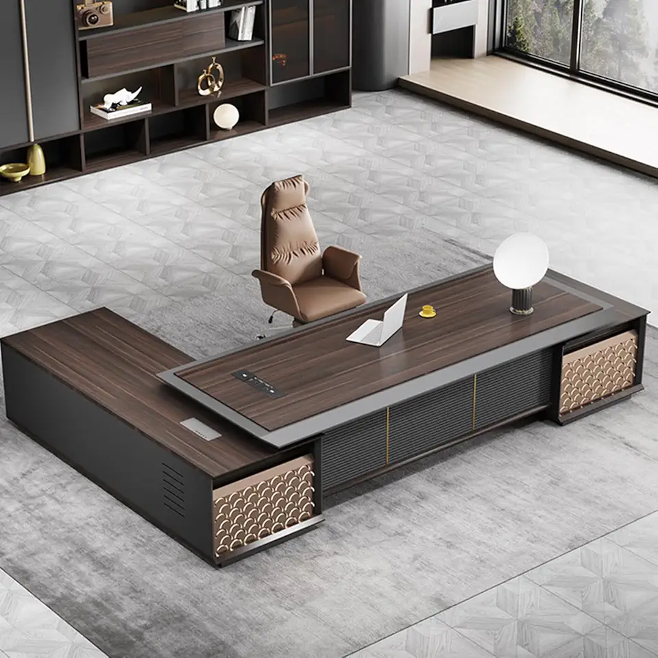 Wooden Office Desk L Shaped Desk Writing Study Desk Computer Desk with Solid Thickened Tabletop with Storage Cabinets, 2.4m