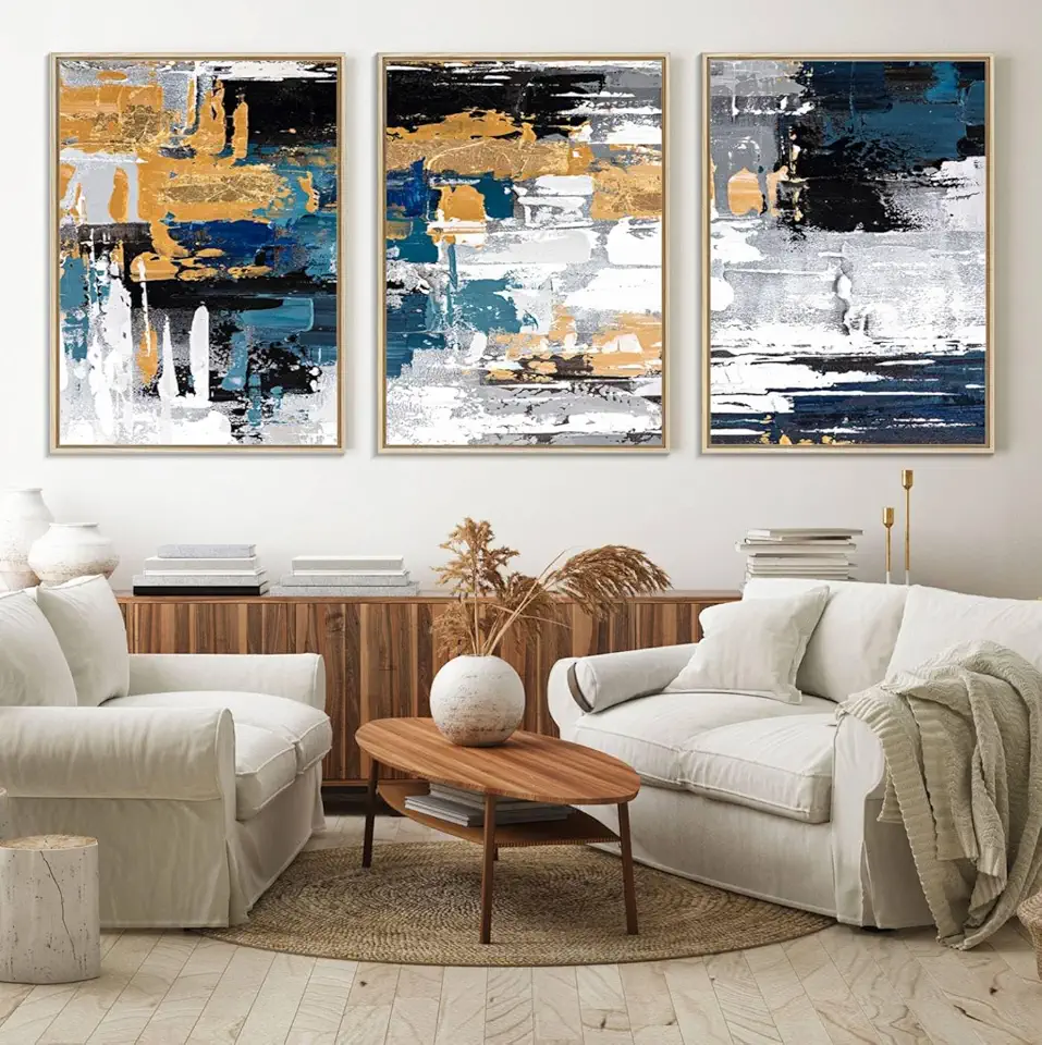 Blue and Gold Abstract Canvas Wall Art – Triptych Modern Painting for Living Room – Framed and Ready to Hang 3 Panel Floating Frame/Floating - Natural / 90